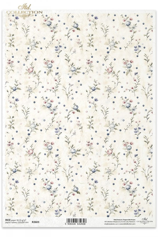 Small pink and purple flowers and dots on white background. ITD Collection rice paper for decoupage.