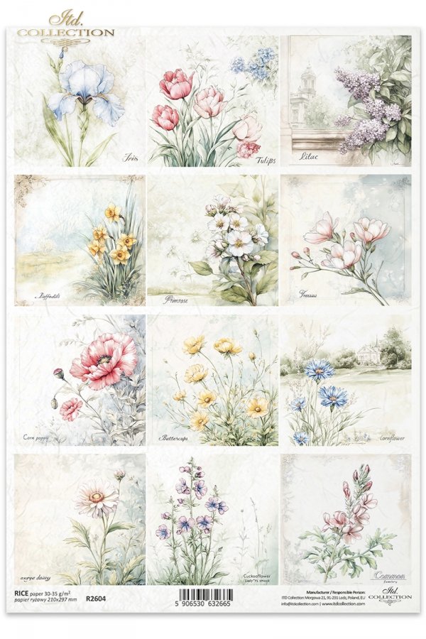 12 scenes of blue purple pink and yellow flowers with greenery on white background. ITD Collection rice paper for decoupage.