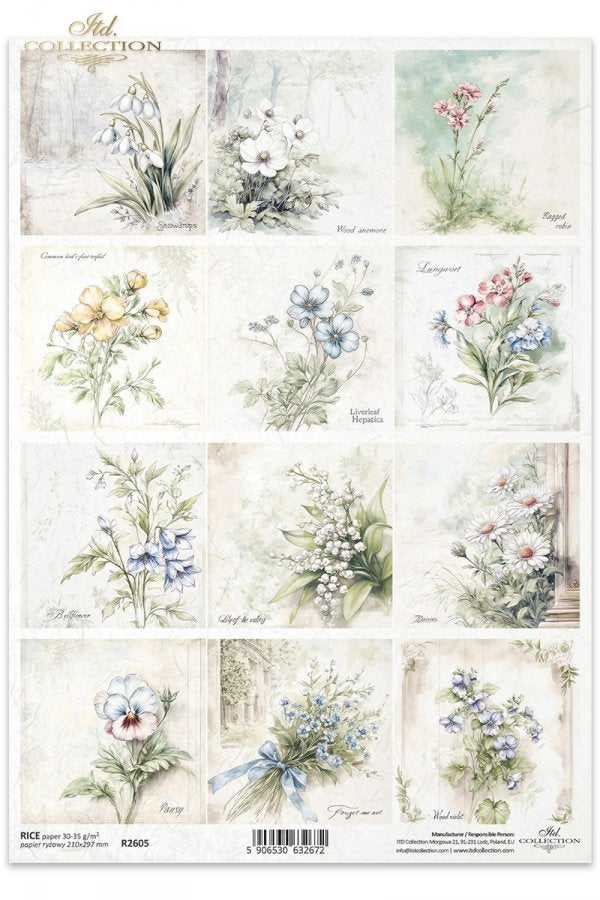12 scenes of multicolored flowers with greenery. ITD Collection rice paper for decoupage.
