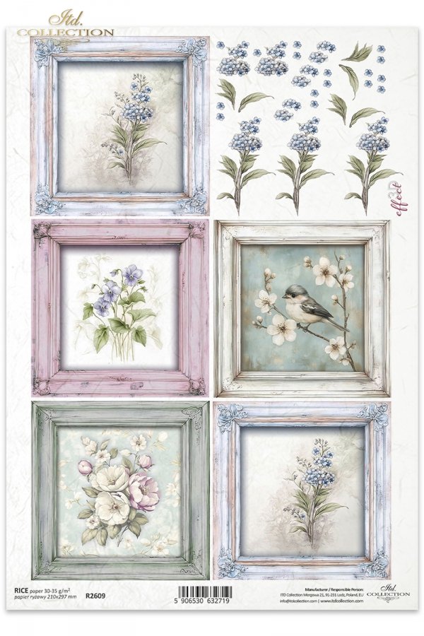 Framed pictures of flowers and bird. ITD Collection rice paper for decoupage.