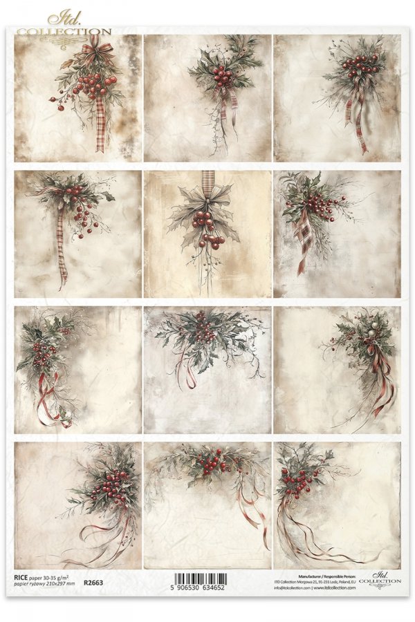 Sheet of decorative paper with floral and ribbon designs on a beige background