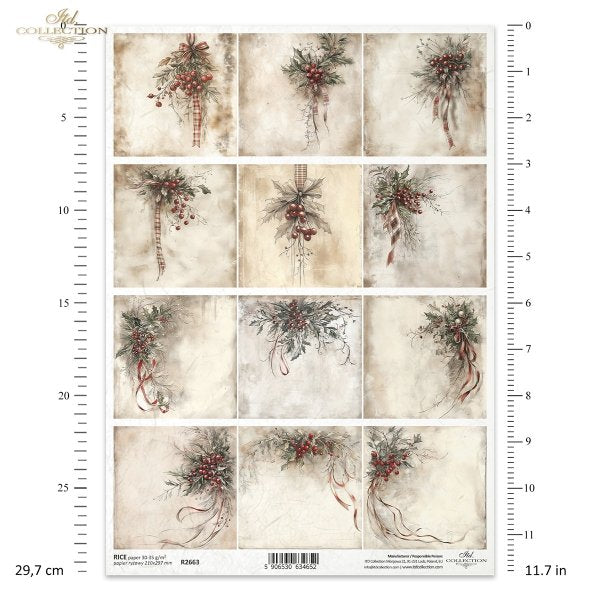 Sheet of decorative paper with floral designs and measurements on a white background