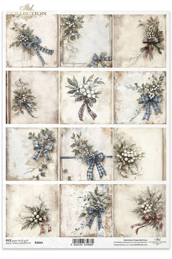 Sheet of decorative paper with floral arrangements and ribbons on a textured background