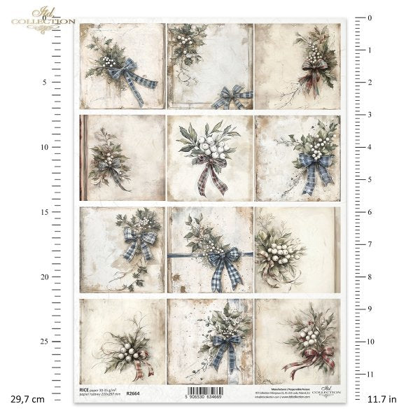 Sheet of decorative paper with floral designs and ribbons, featuring a measurement scale on the side.