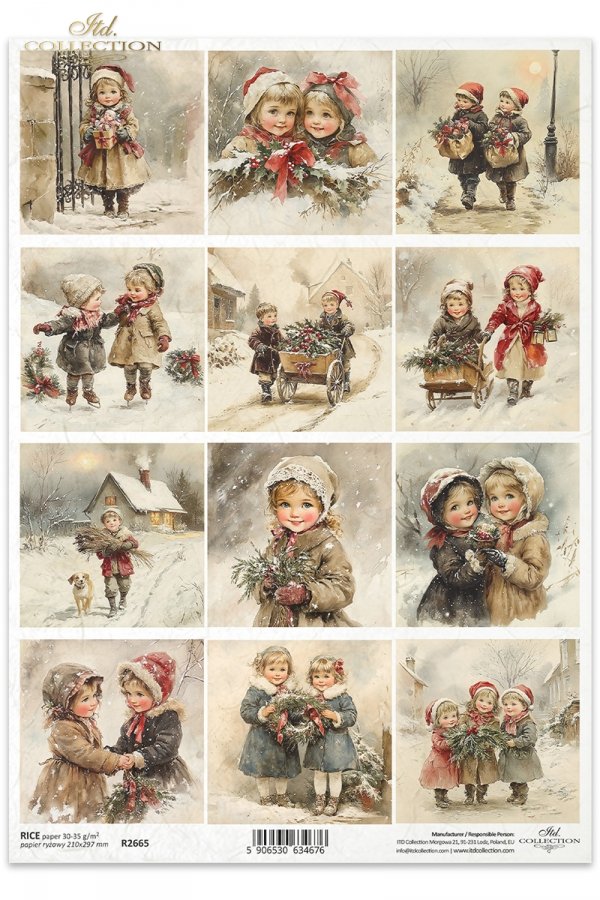 Collection of vintage-style illustrations of children in winter clothing on a white background.