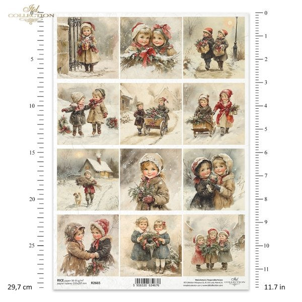Sheet of vintage-style Christmas cards with children in winter scenes, featuring a ruler for scale.