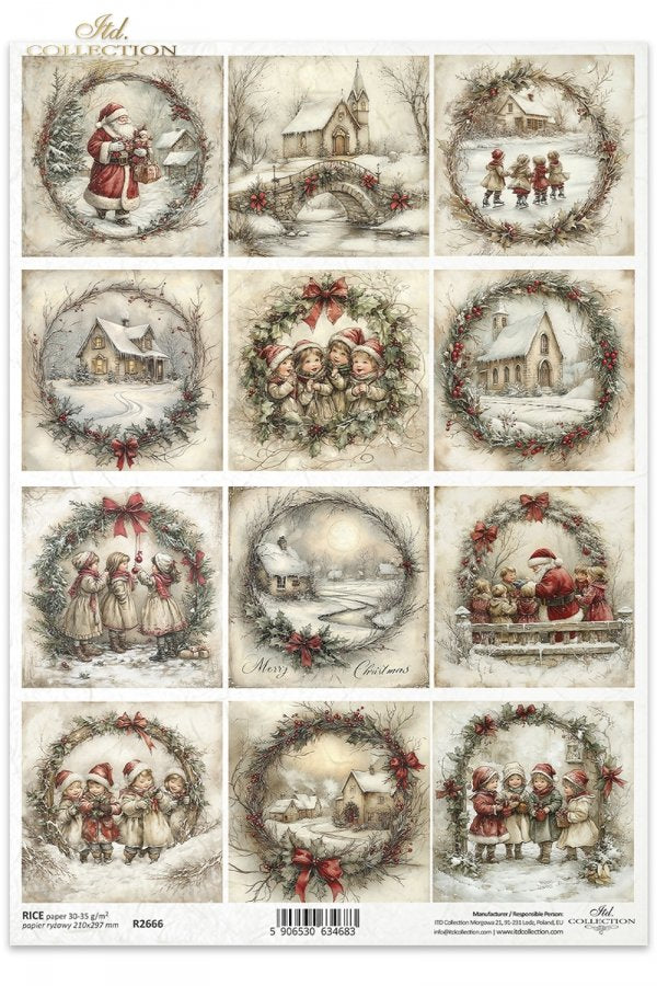 Sheet of Christmas-themed stickers with winter scenes and festive elements.