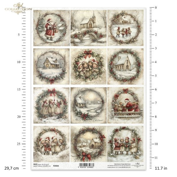Sheet of Christmas-themed stickers with Santa Claus, children, and winter scenes on a white background.