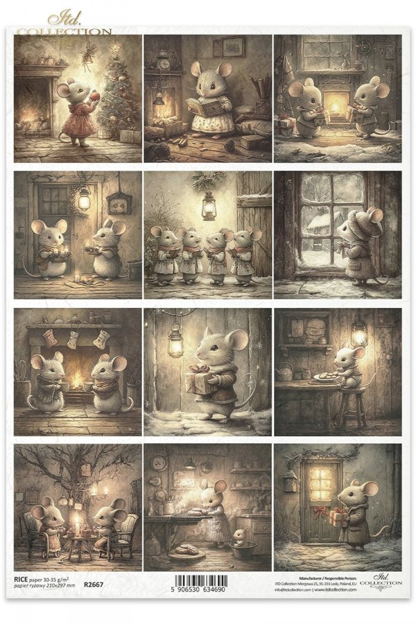 Illustrations of a mouse in various domestic settings with a warm, vintage feel.