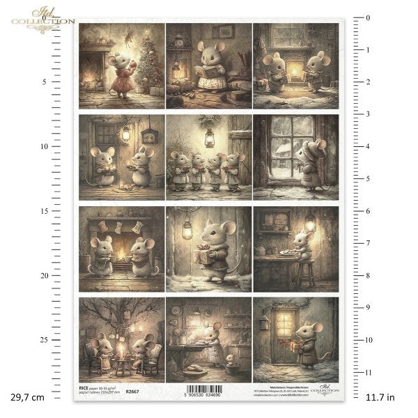 Illustrated mouse characters in various poses with a measurement scale on the side.