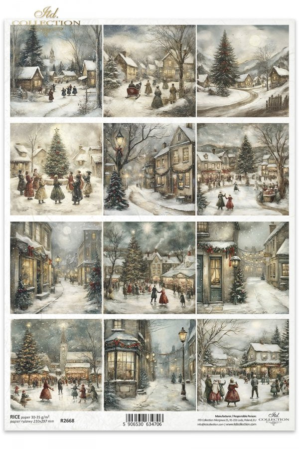 Collection of winter village scenes with people and snow-covered landscapes.