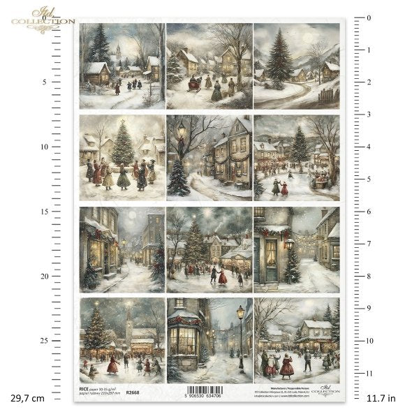 Sheet of paper with winter village scenes and measurement details