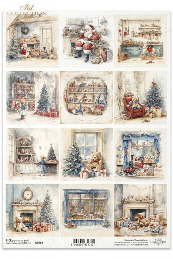 Collection of Christmas-themed illustrations featuring Santa Claus, toys, and festive scenes.