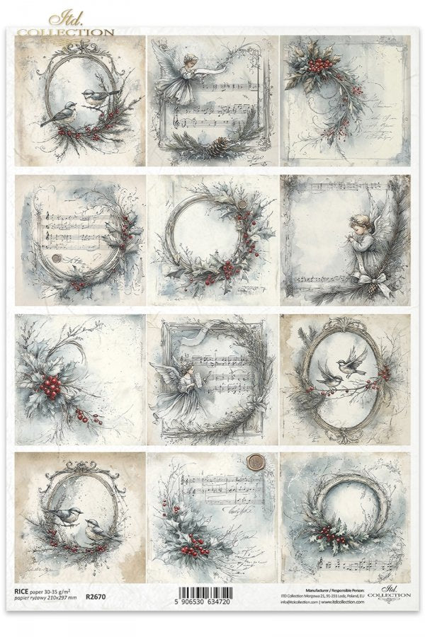 Collection of decorative paper sheets with vintage-style designs featuring birds, wreaths, and text.