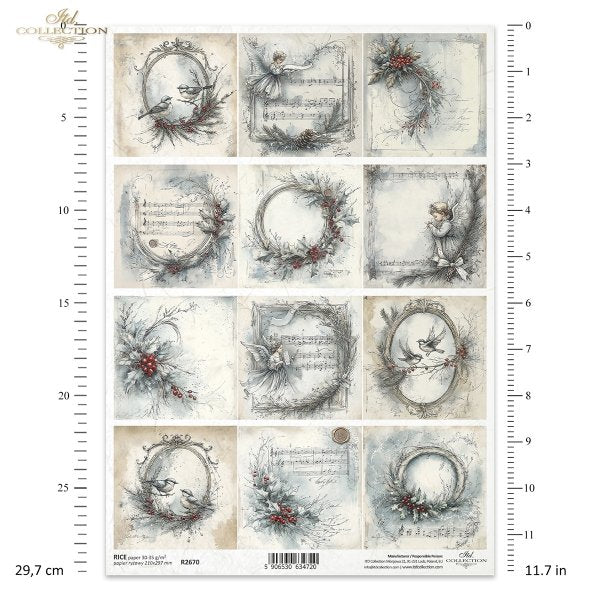 Sheet of decorative paper with artistic designs and text, featuring a scale on the side.