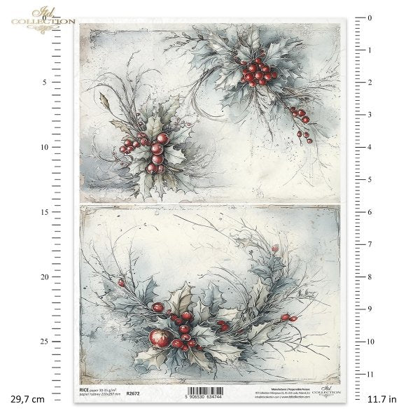 Decorative paper sheet with floral and berry design, featuring a ruler for scale on the sides.