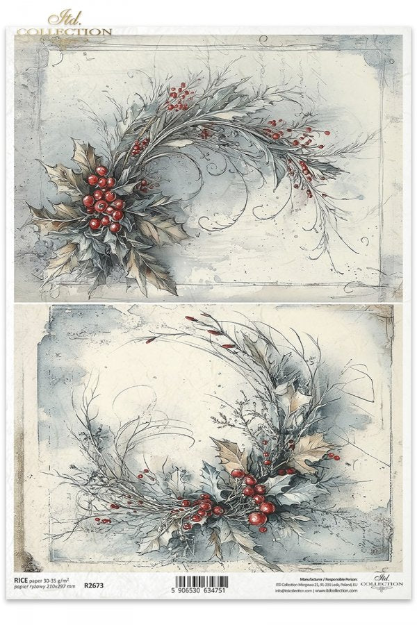 Two decorative paper sheets with floral wreath designs featuring berries on a white background.