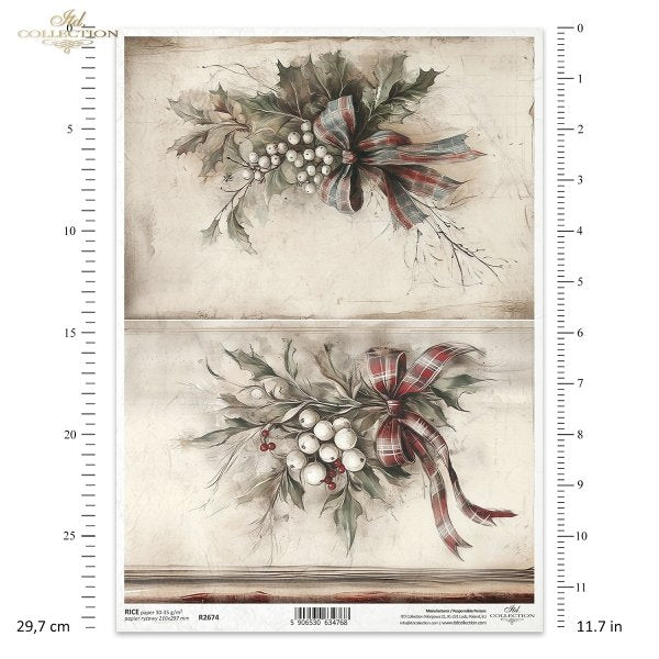 Decorative paper sheet with holly design and plaid ribbon on a beige background, featuring measurement details.