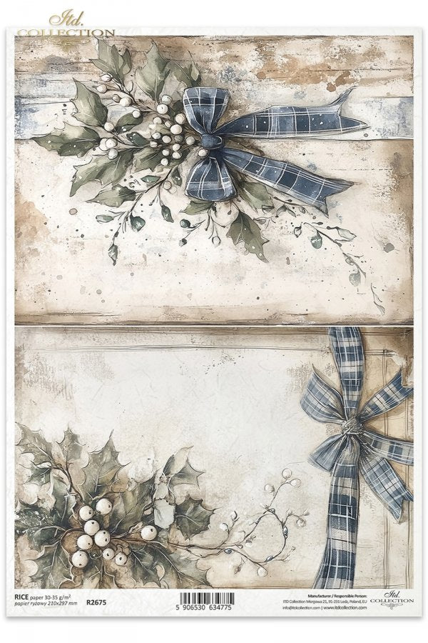 Sheet of paper with holly leaves, berries, and plaid ribbons on a rustic background