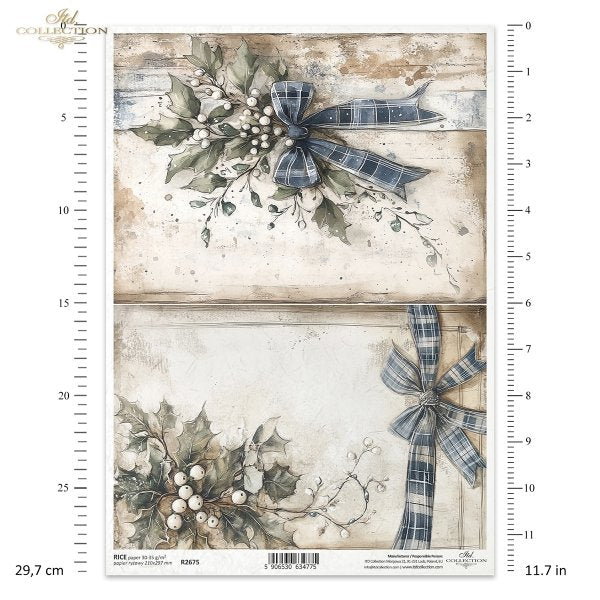 Decorative paper sheet with holly leaves and blue plaid bows on a textured background, featuring measurement details.