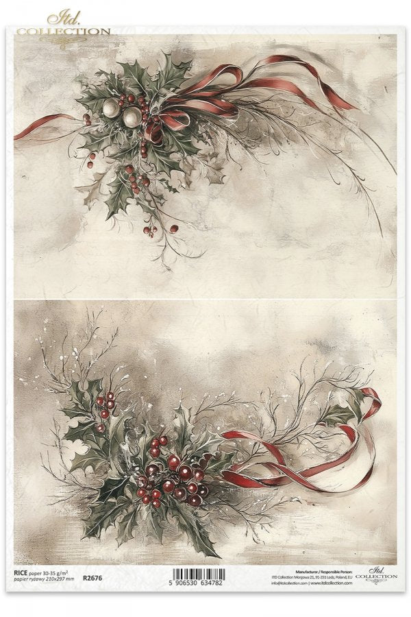 Decorative paper sheet with holly leaves and red ribbons on a textured background