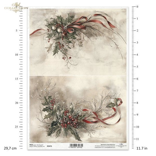 Two decorative sheets with holly and ribbon design on a beige background, with measurement scale on the sides.