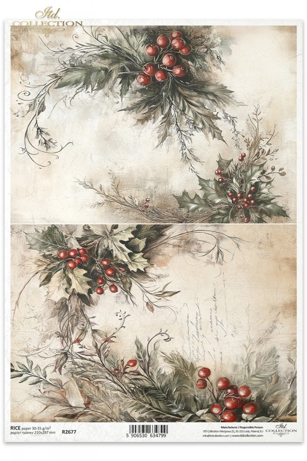 Sheet of decorative paper with holly leaves and berries design, featuring the brand 'ITD' at the top.