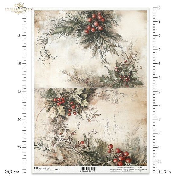Sheet of decorative paper with holly berry design and measurement details.