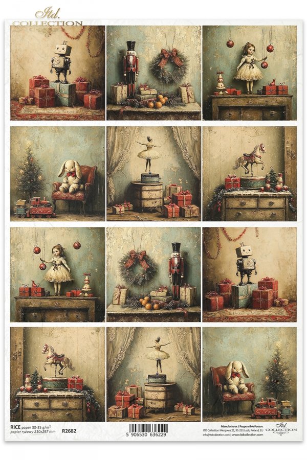 Collage of vintage-style Christmas scenes with toys and decorations.