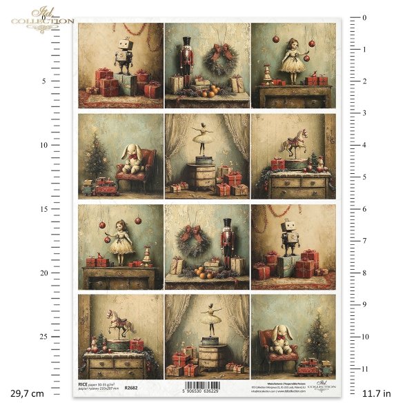 Sheet of vintage-style Christmas-themed stickers with small images and measurements on a white background.