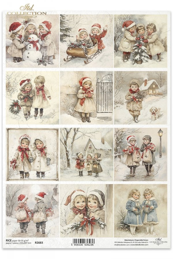 Collection of vintage-style illustrations of children in winter clothing and activities.