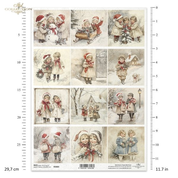 Sheet of Christmas-themed illustrations with children in winter clothing, featuring a ruler for scale.