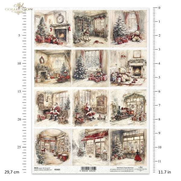 Collection of Christmas-themed illustrations on a white background with measurement details.