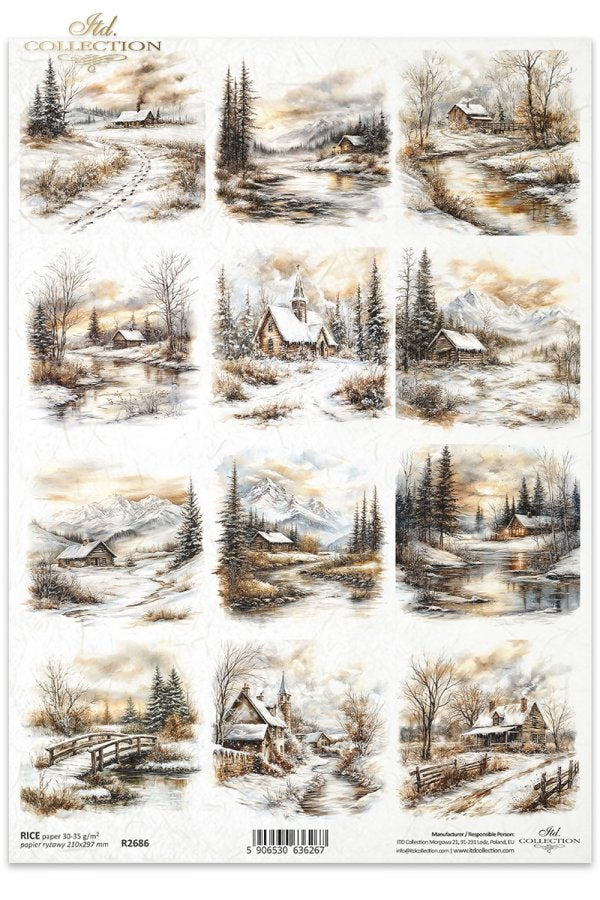 Sheet of paper with winter landscape designs featuring houses, trees, and a river.
