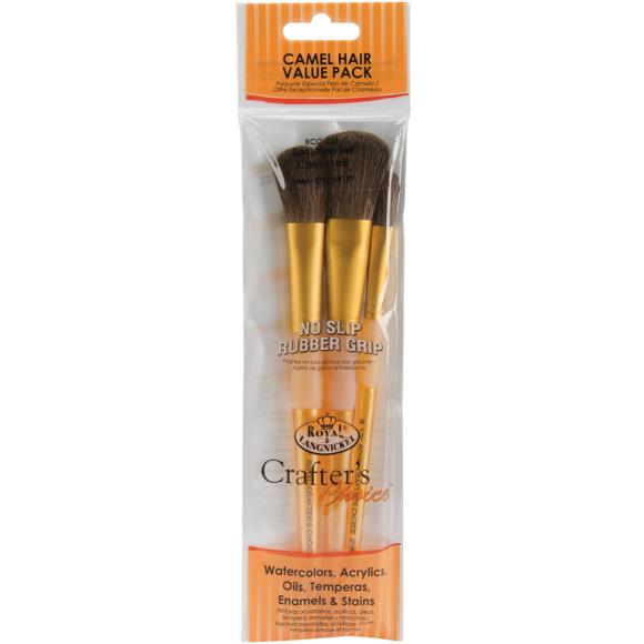 Three golden paint brushes with camel hair bristles and no-slip rubber grips.