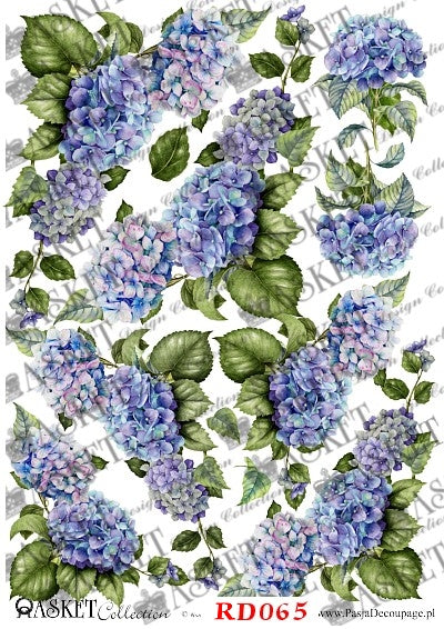 Blue and purple hydranga flower bunches with green leaves by Asket collection