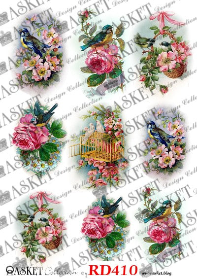 Blue birds perched on pink roses and flowers with golden bird cage by Asket collection