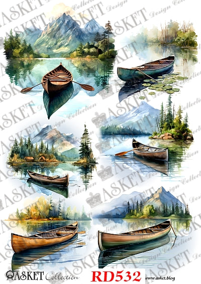 Canoes on lake with mountains and pink trees in background by Asket collection