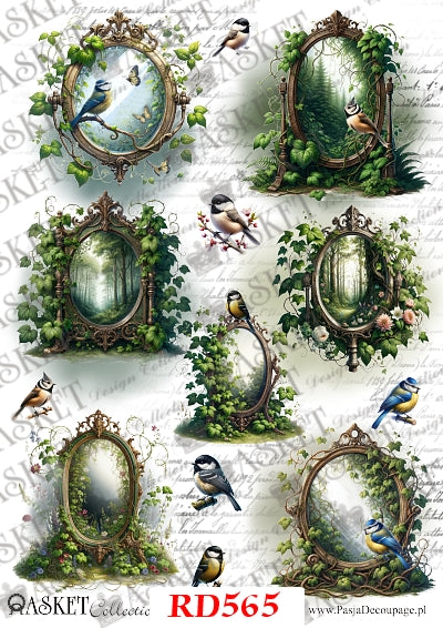 Multicolor songbirds on mirrors surrounded by ivy and flowers by Asket collection