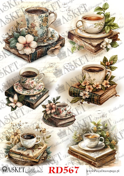 White and floral teacups on top of books with pink flowers by Asket collection