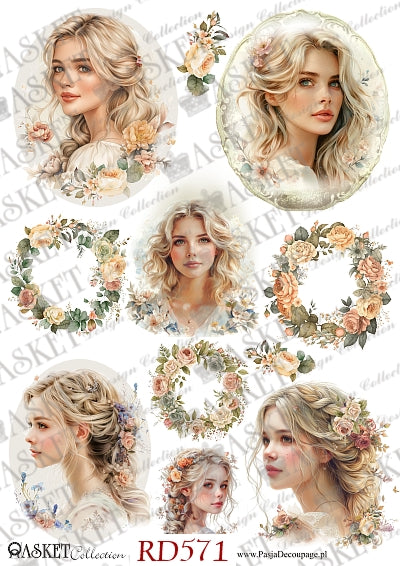 Blond haired woman with pale roses in her hair and flower wreaths by Asket collection