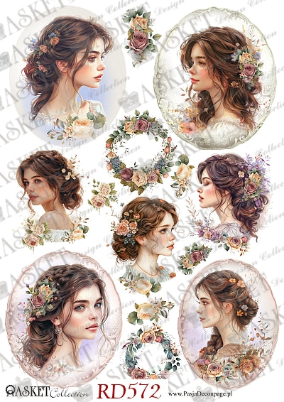 Brunette woman with flowers in her hair and wreaths of white and pink roses by Asket collection