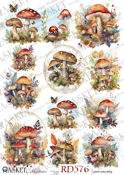 Red and brown mushrooms with ladybug and butterflies by Asket collection