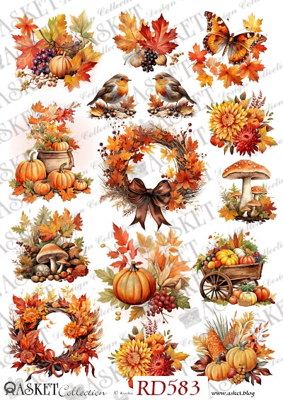 Red orange fall leaves in wreaths with pumpkins mushrooms and birds by Asket collection