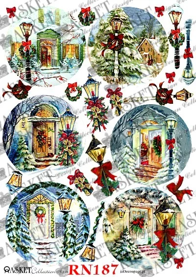 rounds of holiday doorways with street lights with red bows