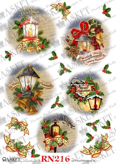 rounds of street lights with holly, bells and red bows