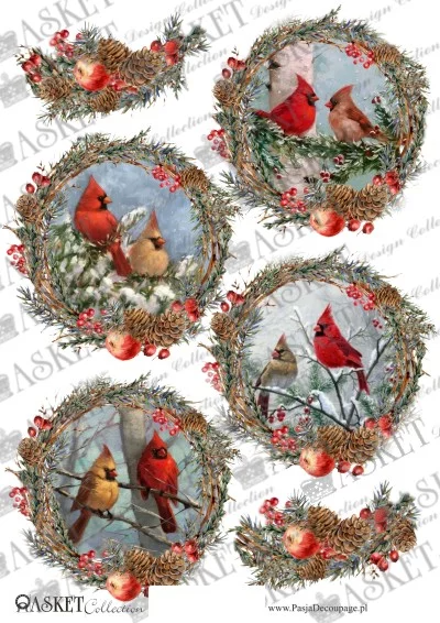 wreaths of red and brown cardinals with berries and pinecones