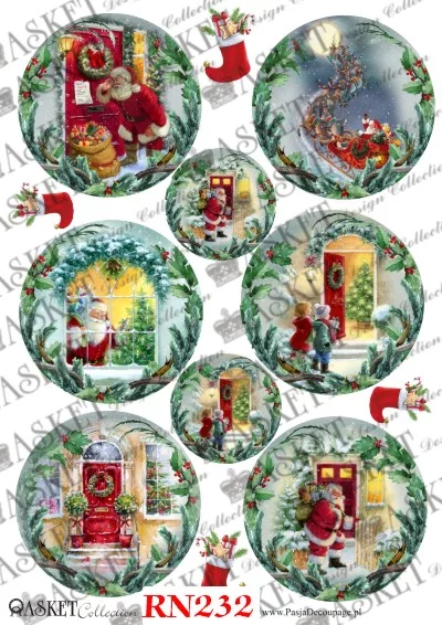 scenes of Santa delivering presents with red stockings