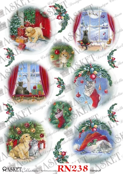 scenes of puppies and kittens with presents and stockings