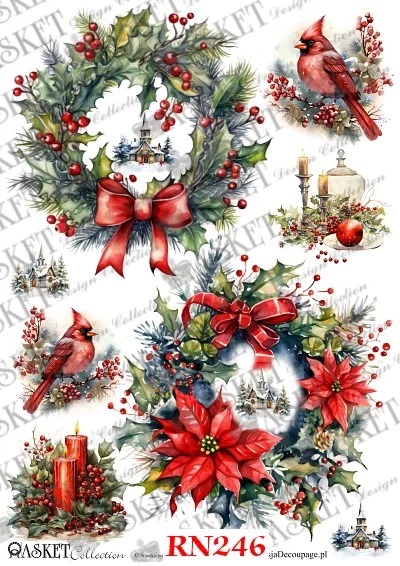 Wreaths of holly with red berries and red bows red cardinals and candles